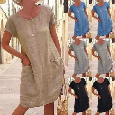 Womens Summer Cotton Linen Midi Dress Ladies Casual Loose Pocket Dresses Size UK • £10.99