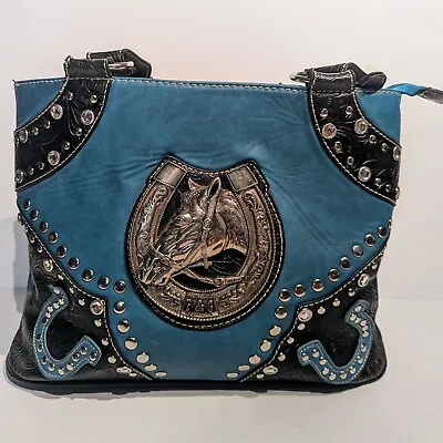 P & G Western Cowgirl Studded Horsehead Horseshoe Turquoise  Black Handbag Purse • $24.99