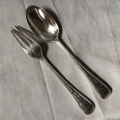 1873 Chawner & Co. Solid Silver Picture Back Beaded Christening Fork & Spoon Set • £145