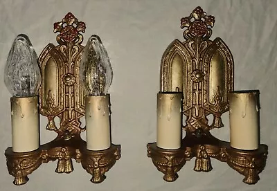 2 ANTIQUE CAST IRON WALL GOTHIC SCONCES LIGHT CHANDELIER FIXTURE 1930's • $450