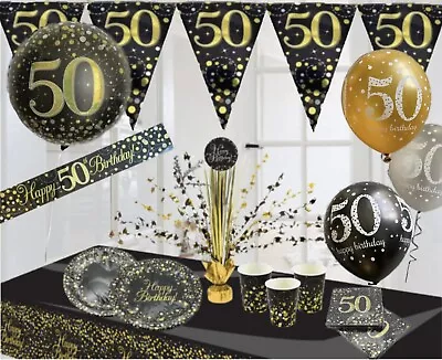 50th Birthday Black Gold Themed Party Decorations Balloons Bunting Banners • £4.15