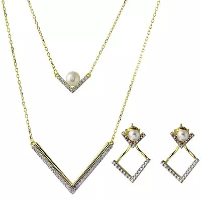 $209.78 • Buy V - Shape Double Strand Necklace And Earring Set W/  Pearl & Accents / 18'' 
