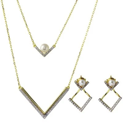 $209.78 • Buy V - Shape Double Strand Necklace And Earring Set W/  Pearl & Accents / 18'' 