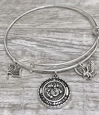 U.S Marine Corp Military Flag & Eagle Silver Charms Expandable Bangle Bracelet  • $4.50