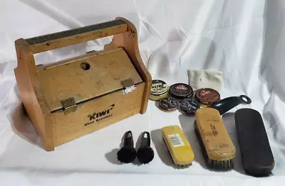 Vintage Wooden Kiwi Shoe Groomer Shoe Shine Box With Accessories Lot Brushes • $50