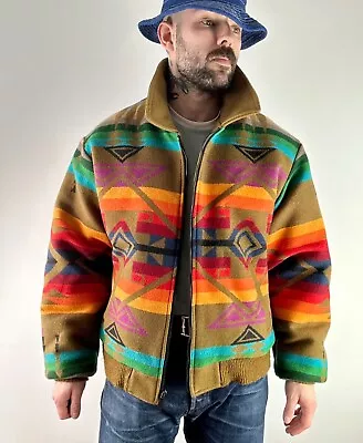 PENDLETON 1970s Aztec Zip Up Pattern Jacket Blanket Coat Navajo Western 2XL • £200