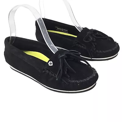 Minnetonka Moccasins Black Kilty Fringe Suede Hardsole Size 5.5 Driving Moc 4300 • $23.77