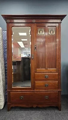 Antique Arts & Crafts Mahogany Mirrored Wardrobe With Drawers CS A25 • £99.99