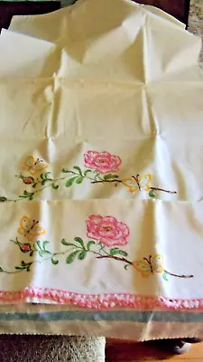 2 Vintage Hand Embroidered Pillowcases Crochet Edges Floral Butterflies Estate • $8