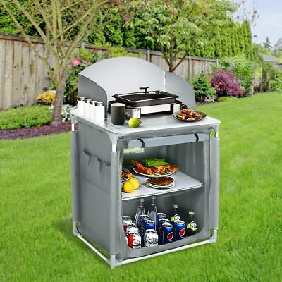 Camping Kitchen Cook Table Cupboard Stand Folding Storage Portable BBQ Grey • £59.99