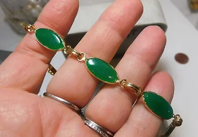 Vintage Scarab Style Oval Jade Green Glass Gold Tone Bracelet 1b 3 • $28.99