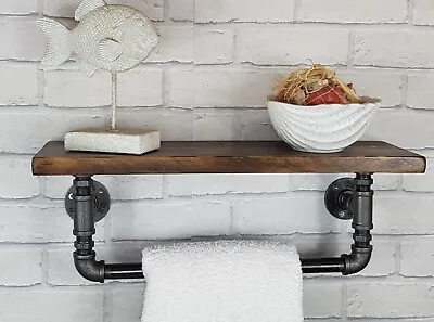 Industrial Pipe Bathroom Towel Rail With Rustic Oak Wooden Shelf 600mm • £54.99