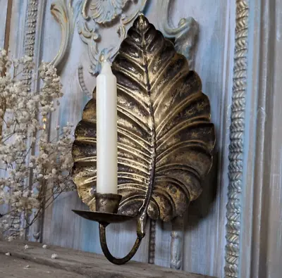 New Vintage French Shabby Chic Metal GOLD Wall Leaf Sconce Candle Stick Holder • £19.50