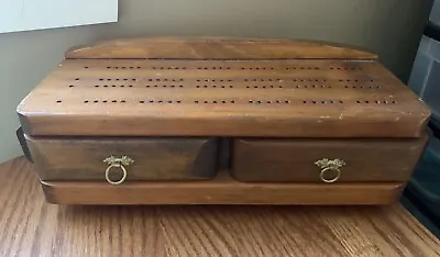 Vintage Handmade Wood Wooden Cribbage Board W/2 Drawers For Cards & Pegs 12x4.5  • $49.99