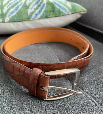 Martin Dingman Handmade Brown Alligator Grain Leather Belt Silver Buckle 36 READ • $20