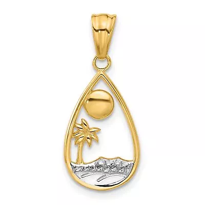 14k Yellow Gold Diamond Cut Ocean Scene Teardrop Pendant 21 Mm X 11 Mm • £173.21