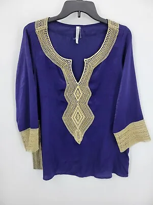 Monoreno Top Womens Medium Blue Satin Gold Trimmed 3/4 Sleeve Tunic • $19.17