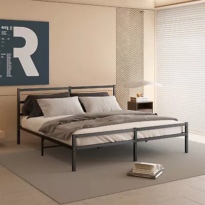 King Size Bed Frame Metal Platform Bed Frame With Headboard For Bedroom Black US • $145.99