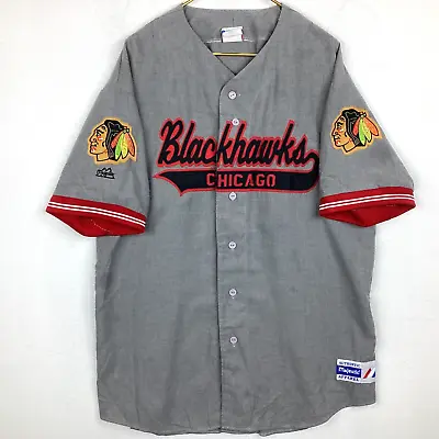 Vintage Chicago Blackhawks Majestic Baseball Jersey Size 2XL Gray Nhl 90s Script • $84.99