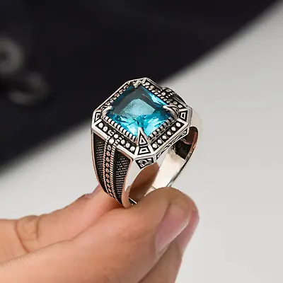 Men's Ring 925 Sterling Silver Turkish Jewelry Aquamarine Stone All Size • $45