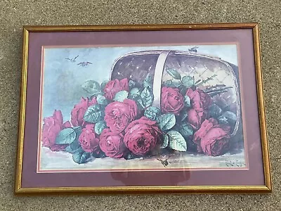 Paul De Longpre (1855-1911) Framed Print BASKET OF BEAUTIES RED ROSES BEES • $25