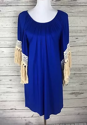 VaVa By Joy Han Women Blue Fringe Lace 3/4 Sleeve Scoop Neck Shift Dress Size XS • $24.99