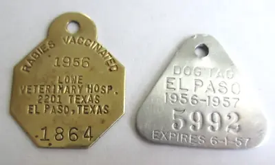 2 Vintage 1956 Dog Tag Lot El Paso Texas Rabies Vaccinated Brass & Aluminum Tags • $14.97