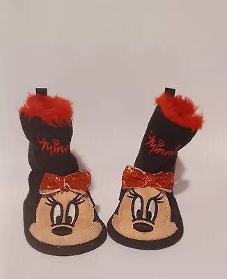  Minnie Mouse Black Red Lightweight Size 6-9 Months Fur Trim Boots (C2) • $4