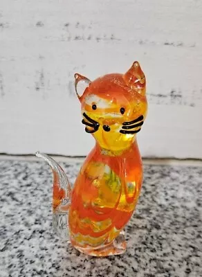 Murano Style Art Glass Cat Figurine - Yellow And Orange Glow Spatter Glass • $24.95