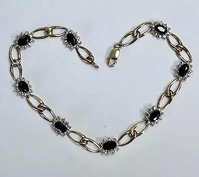 “Elegant 9ct Yellow Gold Sapphire & Diamond Clusters Ladies Chain Bracelet” • £375