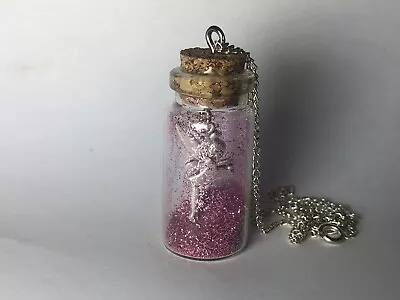 $6.50 • Buy Silver Tone Pixie Fairy Pink Glitter Jar Pendant Necklace Glass 17”