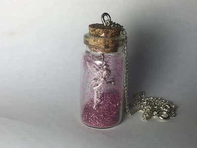 $6.50 • Buy Silver Tone Pixie Fairy Pink Glitter Jar Pendant Necklace Glass 17”