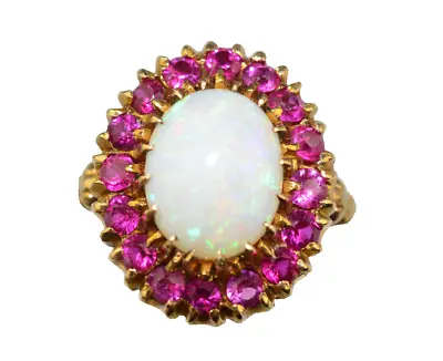 Vintage 10k Yellow Gold Opal Ring With Halo Of Rubies Size 7 • $495