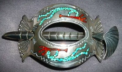 Old Zuni Pawn Sterling Silver  Turquoise & Coral Inlay Barrette Gorgeous!!!! • $225