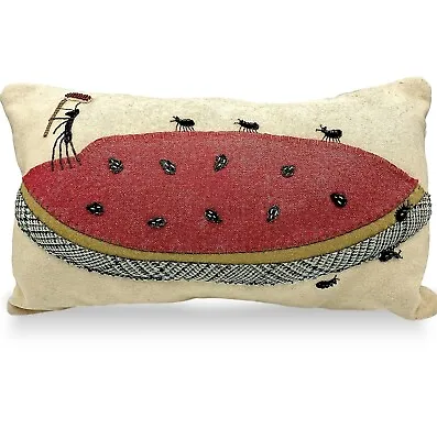 Vtg Hand EMBROIDERED BEADED USA Flag Marching Ants Watermelon Seeds Pillow 16x9 • $35.98