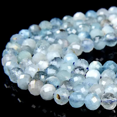 Natural Aquamarine Gemstone Grd AA Micro Faceted Round 2MM 3MM 4MM Beads (P66) • $5.29