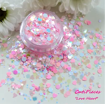 Nail Art *Love Heart* Pastel Iridescent Dots Round Tail Hearts Glitter Mix Pot • £2.35