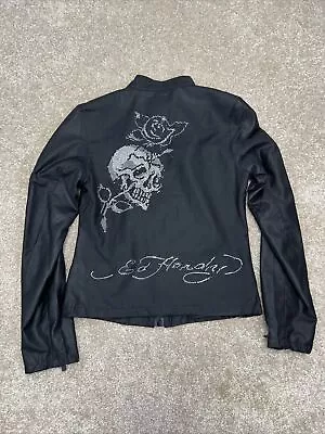 Ed Hardy Womens Sz XS Black Rhinestone Studded Moto Full Zip Skull Jacket • $59.99