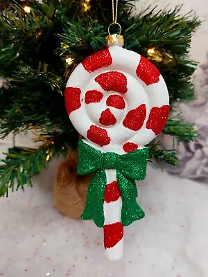 Red And White Candy Lolly With Bow Christmas Tree Decoration Baubles 16cm  • £4.99