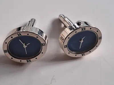 Oval Blue Face Chrome Working Watch Mens Cufflinks • £25