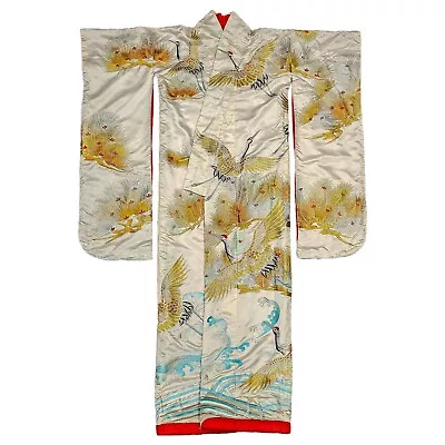 Vintage Japanese Uchikake Traditional Ceremonial Wedding Kimono Cranes Off-White • $249.99