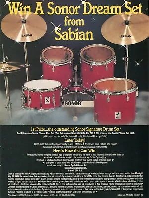 1985 Print Ad Of Sonor Signature Drum Kit & Sabian Drum Cymbal Contest • $9.99