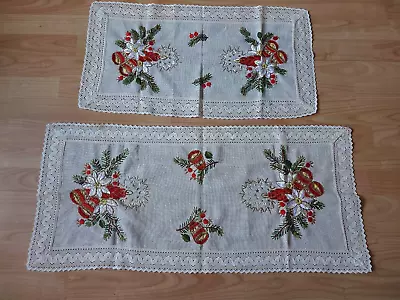 Vintage Set Of 2 Christmas Tablecloth Runner Embroidery Pine Boughs Candle Lace • $21.38