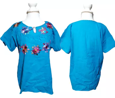 Mexican Hand Embroidered Women's Blouse Peasant Top Blue Etnic Cap Sleeves M/L • $24