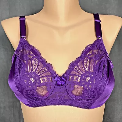 Vintage Lilyette Bra 34C Second Skin Satin Sheer Lace Purple Unlined 878 USA • £43.79