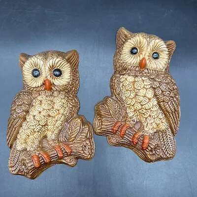 VTG 70s Big Eyed Owl Pair Hanging Wall Decor MCM Kitschy Art Hanging Boho Cabin • $17.89