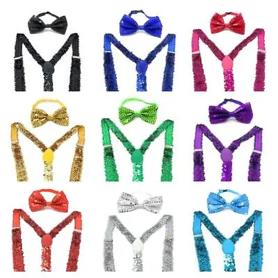 *UK Store* SEQUIN SHINY TROUSER BRACES AND BOW TIE FANCY DRESS COSTUME SET MENS • £5.99