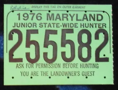 1973 Maryland JUNIOR State-wide Hunting License Back Tag • $3