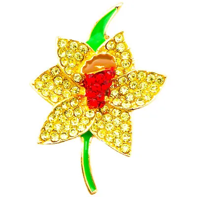 New Gold Daffodil Rhinestone Diamante Crystal Brooches Pin Bouquet Lot For Women • £6.45