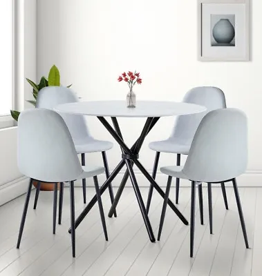 Small Round White Marble Effect Dining Table And 4 Grey Fabric Chairs Set • £229.99